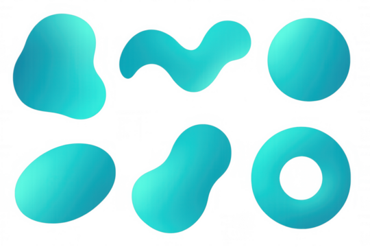 Displaying six modern and vibrant turquoise abstract shapes with gradient on a transparent background