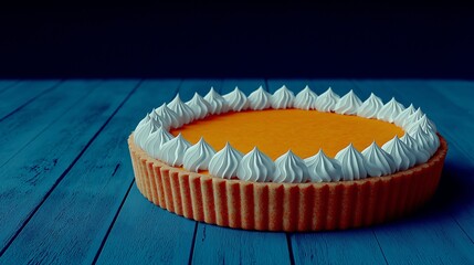 Orange curd tart with piped meringue border on blue wooden surface dessert