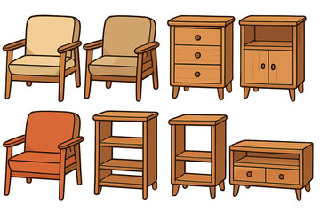 Vector furniture collection. Set of isolated home interior elements. Wooden armchair, cabinet, storage unit, shelf. Mid-century modern simple design. Home decor icons.