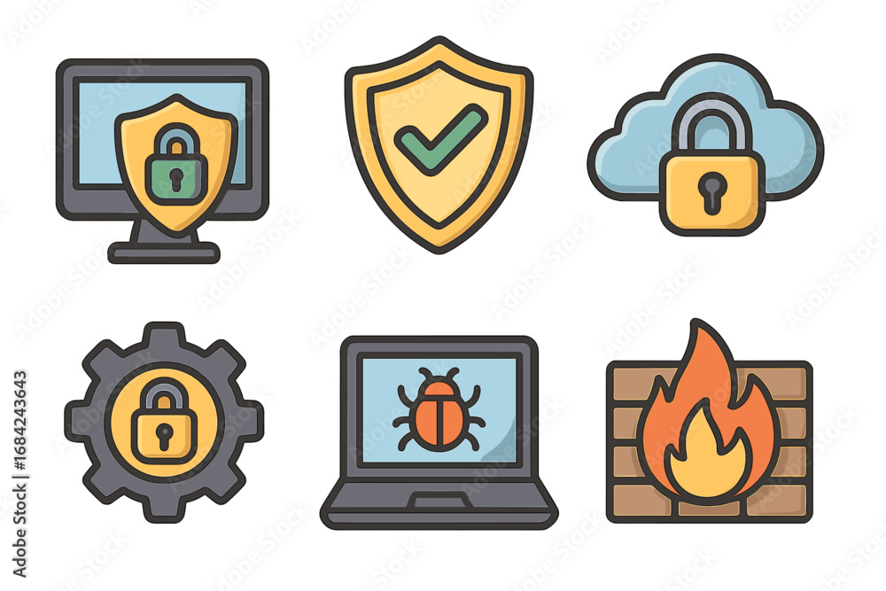 Fototapete cybersecurity icon set for data protection and network safety. vector icons of firewall, cloud compu