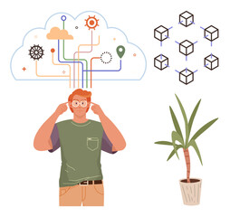 Man adjusting glasses beneath cloud diagram of data connections, blockchain cubes, and a leafy indoor plant. Ideal for technology, innovation, blockchain, environment, creativity, data and analytics
