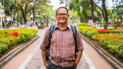 Smiling Man Traveler in Park Backpack Portrait