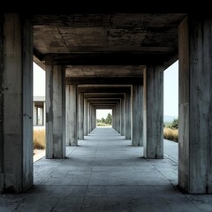 Fototapeta premium a long corridor stacked with regular concrete columns, forming a straight line leading to the light at the end.