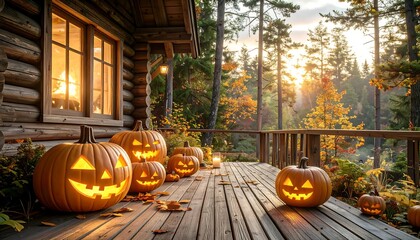 Obraz premium A charming wooden cabin porch in autumn, adorned with jack-o'-lanterns, bathed in warm, inviting light, showcasing a picturesque fall forest backdrop.