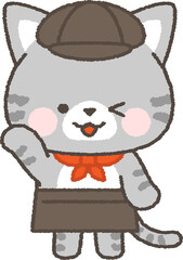ウインクして案内するサバトラネコのカフェ店員