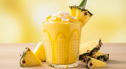 Refreshing Pineapple Smoothie with Whipped Cream, Garnish, and Slices on Table.