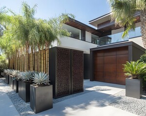 Modern House Exterior Landscaping Design with Bamboo and Planters
