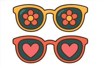Retro groovy sunglasses with flower and heart reflection. Hippie 70s style glasses icon set. Summer fashion accessory for love and peace vibe. Vector cartoon illustration.