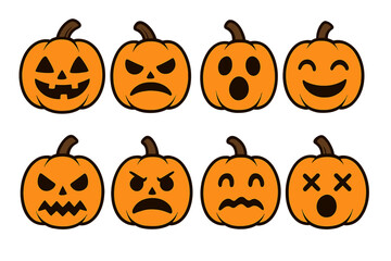 Set of Halloween pumpkin jack o lantern faces with various emotions. Cute cartoon kawaii spooky character emoji, emoticon pack. Vector illustration for autumn holiday design.
