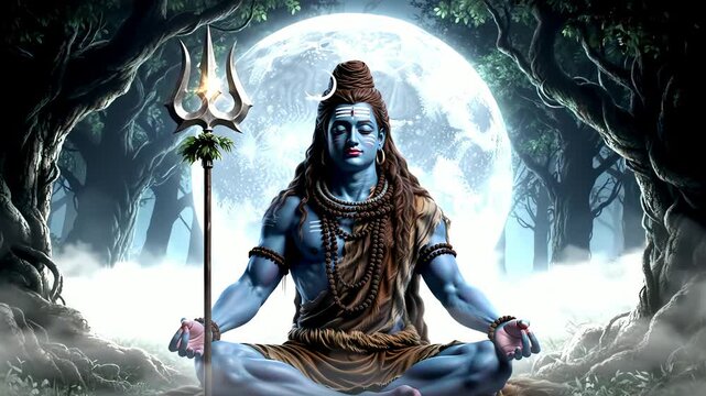 Serene lord shiva wallpaper depicting the powerful Hindu god in deep meditation under a full moon