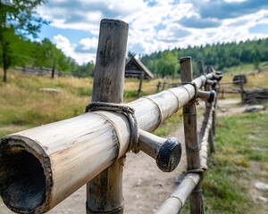 Rustic Bamboo Fence with Rope Detail in Village Setting