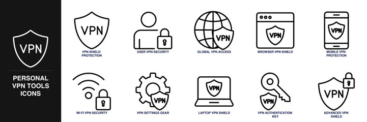 Personal VPN Tools Line Icon Set