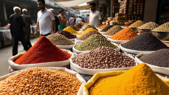 Vibrant Assortment of Colorful Spices Displayed in an Indian Market with Sacks Filled with Brown Yellow and Red Powders Under Warm Lighting