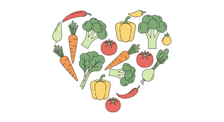 Heart-shaped arrangement of colorful vegetables and fruits symbolizing healthy eating and wellness. Ideal for nutrition campaigns, dietary advice, and health-related content creation.