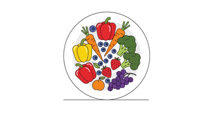 Colorful Plate of Fresh Fruits and Vegetables Illustrating Balanced Nutrition and Healthy Eating Habits for Nutritional Education and Dietary Guidance