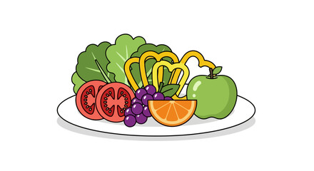 Vibrant and Healthy Fruit and Vegetable Plate Illustration for Nutrition Education and Wellness Campaigns, promoting balanced diets and healthy lifestyle choices.
