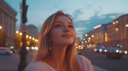 Beautiful Woman Night City Lights Dreamy Portrait