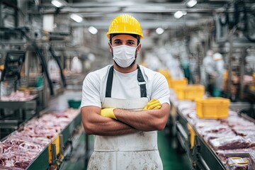 Confident Male Butcher in Face Mask and Hard Hat Standing in Meat Processing Plant.