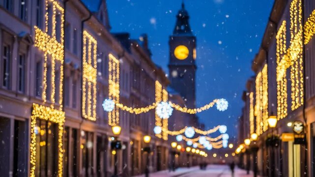 Snow falls on a winter street with glowing lights and a clocktower