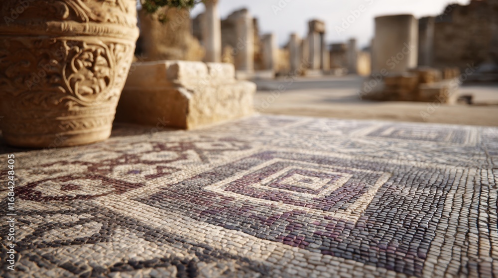Poster focus on intricate mosaic tile patterns on an ancient floor while faded ruins behind gently blur cap
