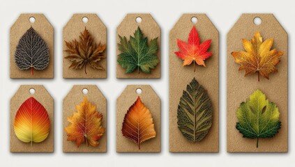 Nine kraft paper gift tags, each featuring a detailed, realistic autumn leaf