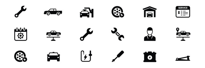 Automotive Service Icon Set – Black Line Icons for Car Repair, Maintenance, and Garage Tools