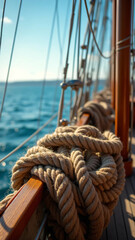 Obraz premium Close-up of thick rope tied on the side railing of a wooden sailing boat with the ocean horizon in the background. Nautical theme with maritime atmosphere.