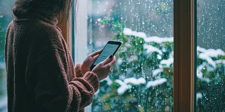 A person standing by a window, looking at their phone to check the weather forecast