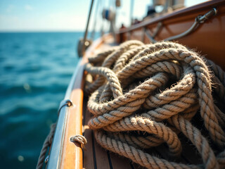 Obraz premium Nautical rope hanging and coiled along the wooden railing of a sailboat, with blue ocean water in the background. Traditional maritime equipment in use.