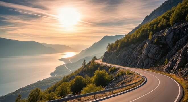 Scenic mountain road winding along the coast at sunset with mountains and water in the background