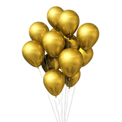 Bunch of golden balloons isolated on white background