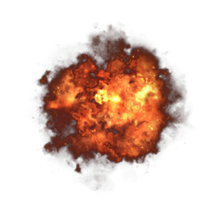 Fiery explosion with smoke and embers isolated on white background
