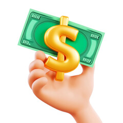 Hand Holding Dollar Bill and Golden Dollar Symbol