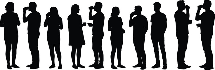 Silhouettes of Men and Women Drinking from Glasses, Standing Together, Vector Illustration for Social Events, Party, Celebration, Lifestyle, Beverage Concept