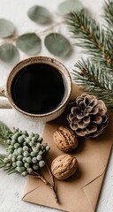 A warm, cozy coffee break featuring festive, natural elements. A dark mug of coffee rests on a tan envelope, surrounded by sprigs of eucalyptus, pine branches, pine cones, and walnuts