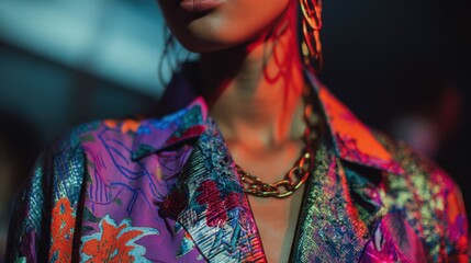 Medium shot of a model showcasing bold vibrant streetwear inspired by global Fashion Week trends with the background softly blurred to highlight intricate garment details.