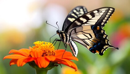 A close-up of a swallowtail butterfly feeding on an orange flower in a garden setting