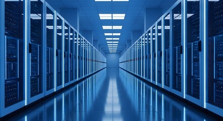 Symmetrical aisle in a high-tech data center with glowing server cabinets reflecting on the polished floor, symbolizing the digital future and information flow