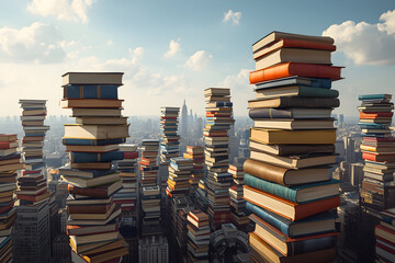 Obraz premium Stacks of knowledge in an urban landscape, showcasing the intersection of literacy and development
