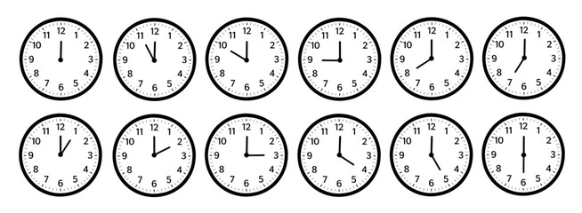 Set of analog clock icon for every hour. 12 hour clock vector illustration