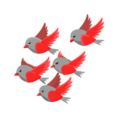 a flock of bright red-breasted birds with gray wings and tails, flying in a sequence, digital art, stylized, cute, cartoon-like, vector illustration