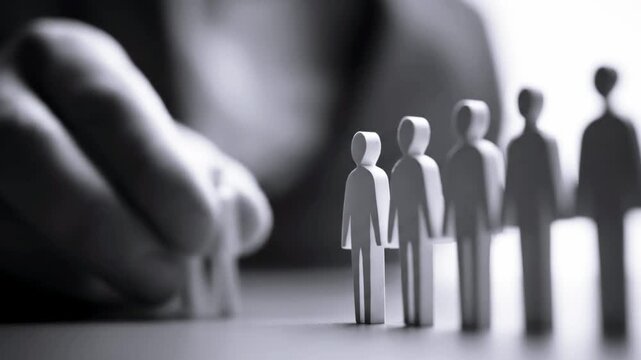 A hand arranging small figurines representing people on a table, with a blurred background suggesting a workspace