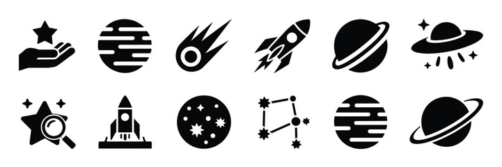 Space Exploration Icon Set – Black Line Icons for Astronomy, Rockets, Planets, and Cosmic Discovery