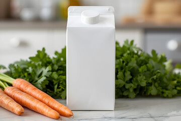 Studio shot showcases a white carton alongside fresh carrots and parsley, conveying a sense of healthy eating