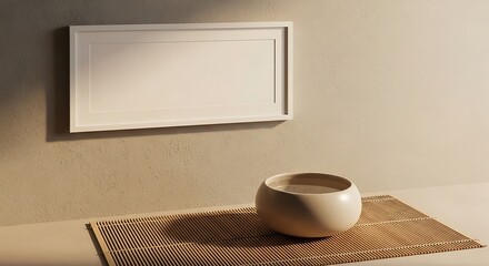 Modern minimalist interior design with warm tones and natural light featuring a textured surface and a ceramic cup