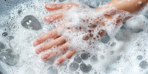 Fototapeta premium A person wearing rubber gloves, scrubbing dishes with soapy water