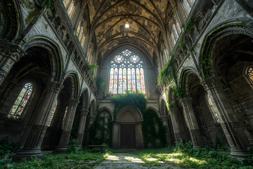 Fototapeta premium The interior of a large old cathedral with stained glass window, covered in vines and moss, overgrown