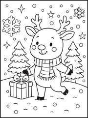 Cute Cartoon Reindeer Wearing Scarf with Christmas Coloring Page for Kids and Adults.  Holiday Fun Illustrations.