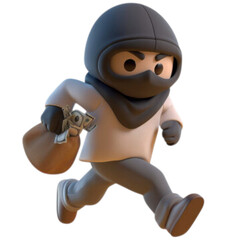 Cartoon thief running with a bag of money isolated on white background