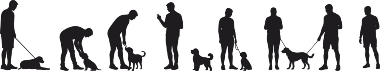Silhouettes of People Training, Walking, and Interacting with Dogs on Leashes in Various Outdoor Pet Care and Exercise Activities